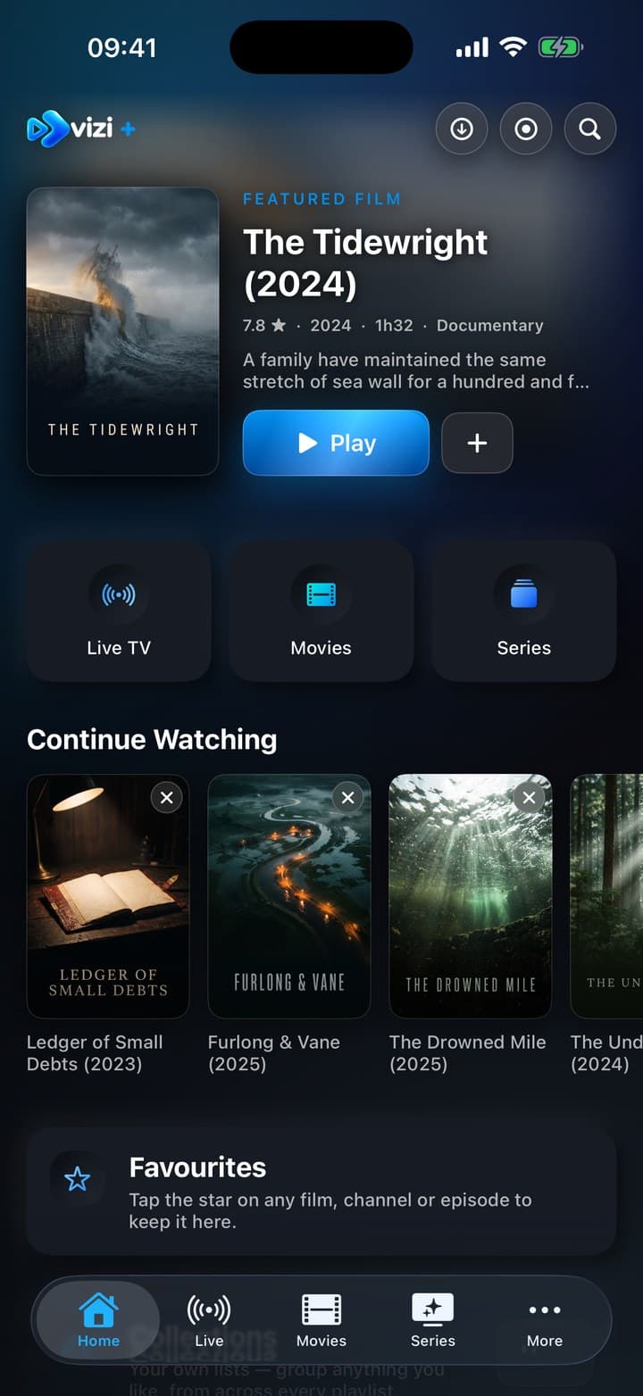 Vizi Player home screen: a featured film, then a continue-watching row of titles part-way through